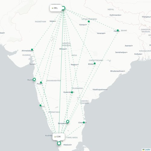 New Delhi – Kochi suoran lennon kartta