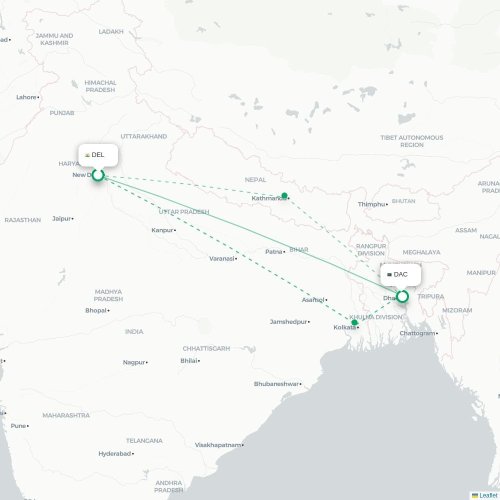 Delhi - Dhaka karta över direktflyg