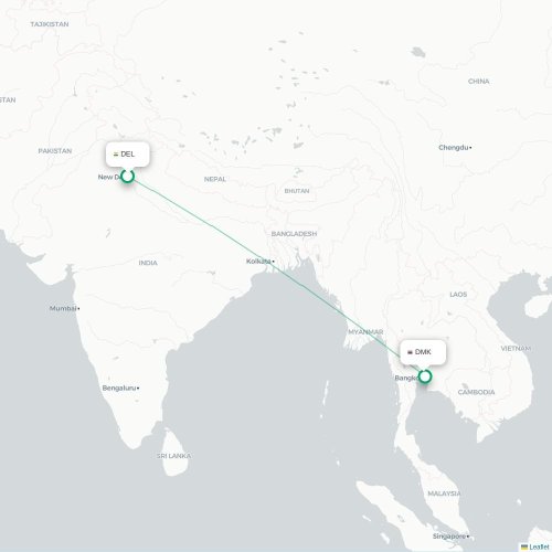 New Delhi – Bangkok suoran lennon kartta