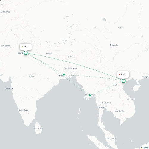 Mapa lotu bezpośredniego Nowe Deli – Hanoi