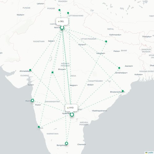 New Delhi – Hyderabad suoran lennon kartta