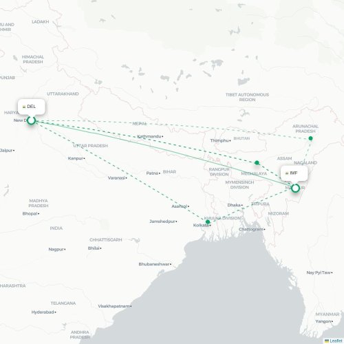 Mapa de vuelo directo Nueva Delhi - Imphal