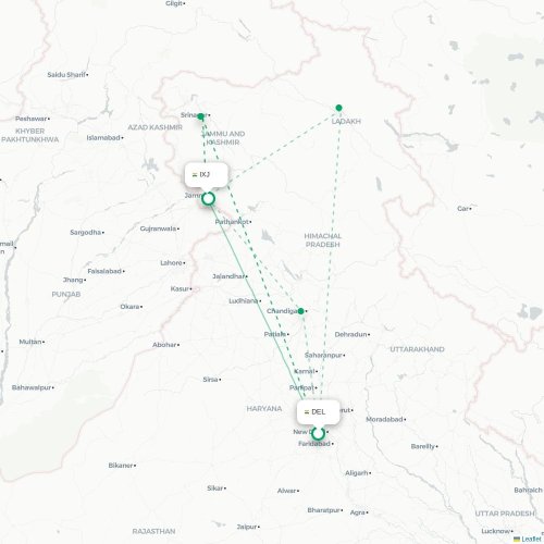Mapa de vuelo directo Nueva Delhi - Jammu