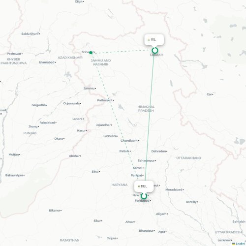 Mapa de vuelo directo Nueva Delhi - Leh