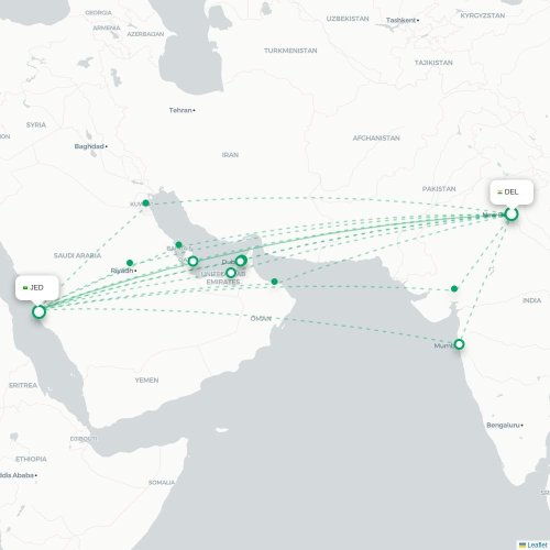 Mapa de vuelo directo Nueva Delhi - Jedda