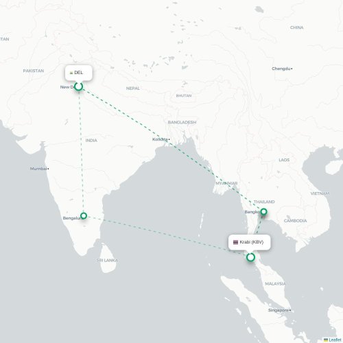 New Delhi – Krabi suoran lennon kartta