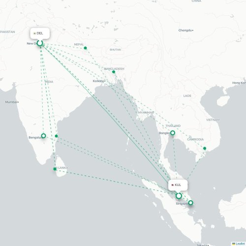 Mapa de vuelo directo Nueva Delhi - Kuala Lumpur