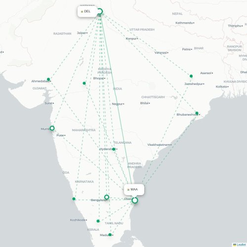 New Delhi – Chennai suoran lennon kartta