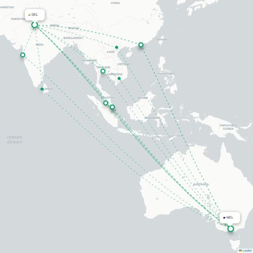 Mapa lotu bezpośredniego Nowe Deli – Melbourne