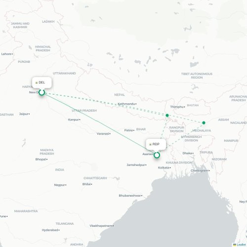 Mapa de vuelo directo Nueva Delhi - Durgapur