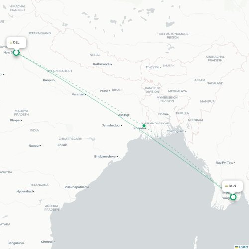 New Delhi – Yangon suoran lennon kartta