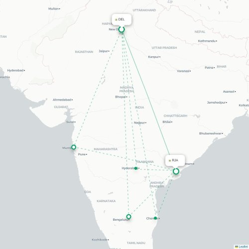 Mapa de vuelo directo Nueva Delhi - Rājahmundry