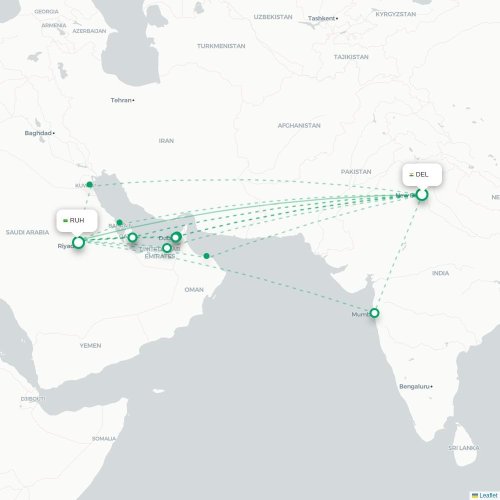 Mapa de vuelo directo Nueva Delhi - Riad