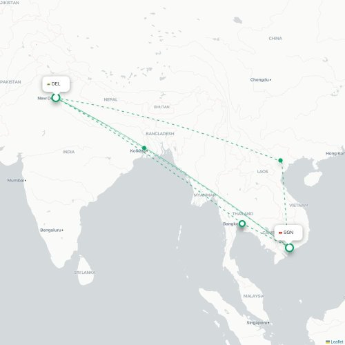 Mapa lotu bezpośredniego Nowe Deli – Ho Chi Minh