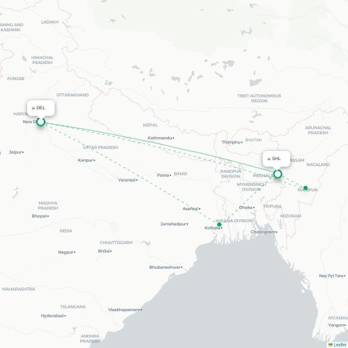 Mapa lotu bezpośredniego Nowe Deli – Shillong