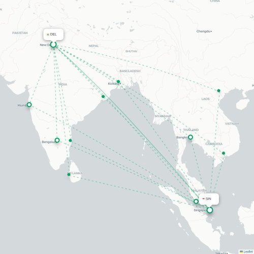 Mapa lotu bezpośredniego Nowe Deli – Singapur