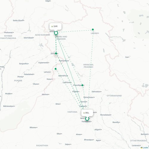 Mapa de vuelo directo Nueva Delhi - Srinagar