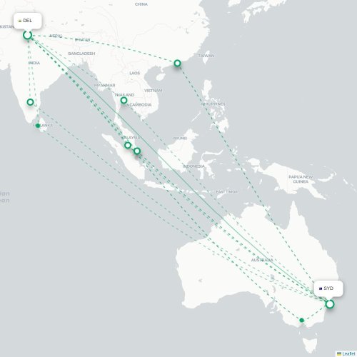 Mapa lotu bezpośredniego Nowe Deli – Sydney