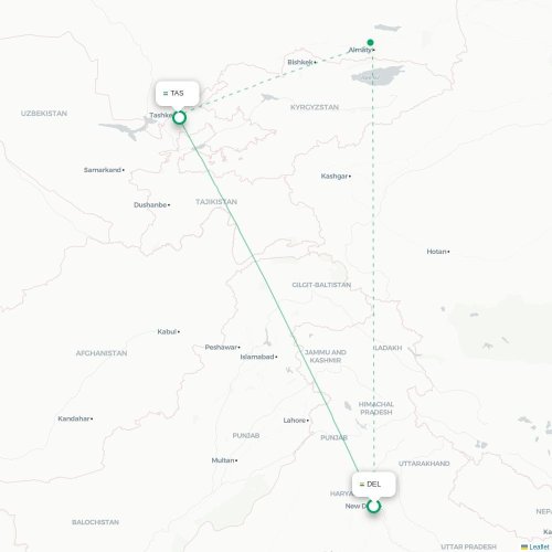 Mapa de vuelo directo Nueva Delhi - Taskent