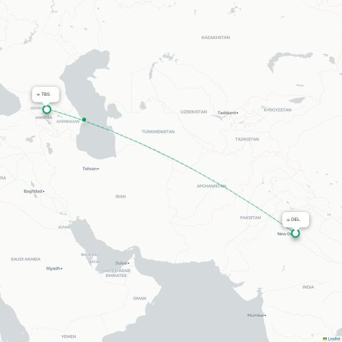 Mapa de vuelo directo Nueva Delhi - Tiflis