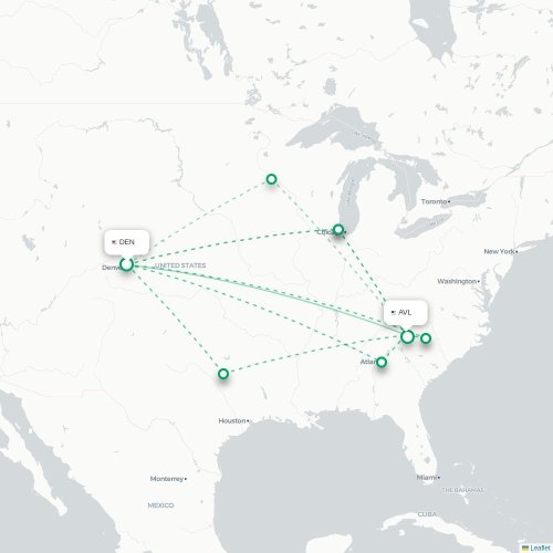 Mapa de vuelo directo Denver - Asheville