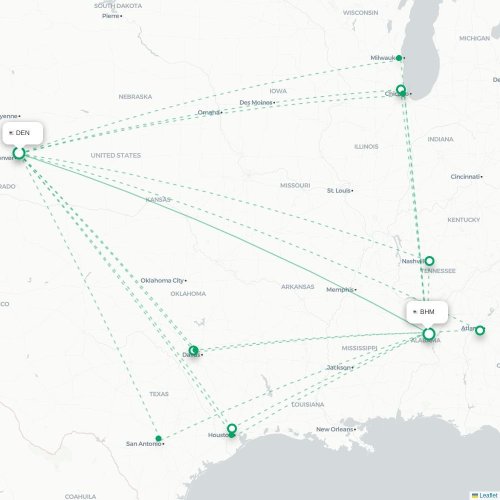 Mapa de vuelo directo Denver - Birmingham