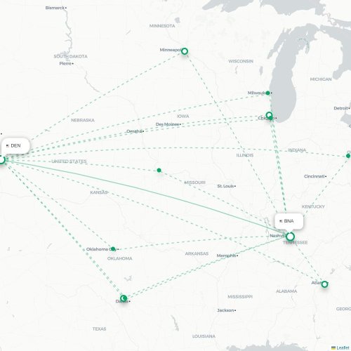 Mapa lotu bezpośredniego Denver – Nashville