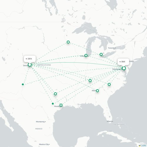 Mapa de vuelo directo Denver - Baltimore