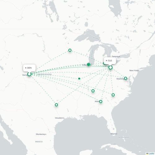Mapa lotu bezpośredniego Denver – Cleveland