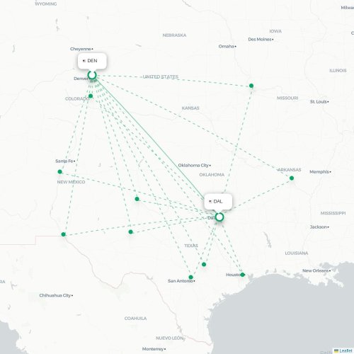 Mapa lotu bezpośredniego Denver – Dallas