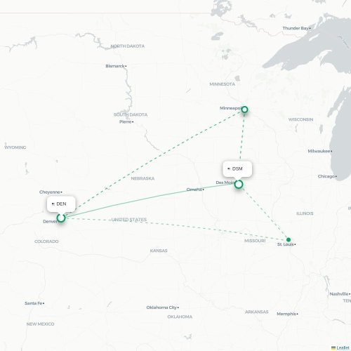 Denver - Des Moines kort over direkte fly