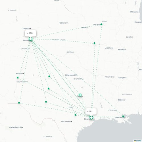 Mapa de vuelo directo Denver - Houston