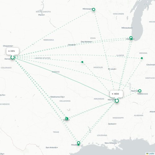 Mapa de vuelo directo Denver - Memphis