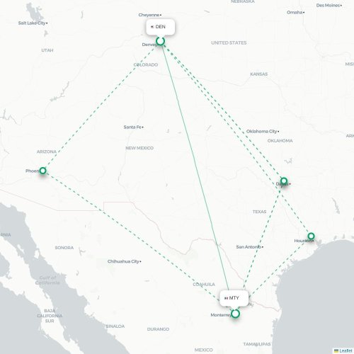 Denver - Monterrey karta över direktflyg