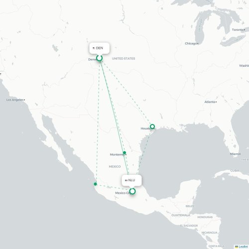Mapa de vuelo directo Denver - Ciudad de México, D.F.