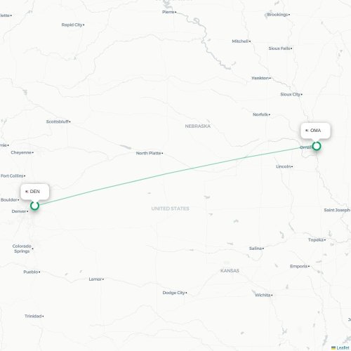 Mapa lotu bezpośredniego Denver – Omaha