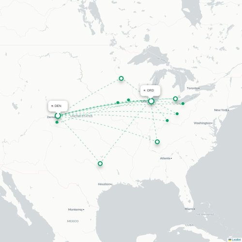 Mapa de vuelo directo Denver - Chicago