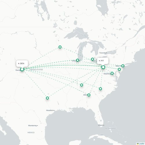 Mapa lotu bezpośredniego Denver – Pittsburgh