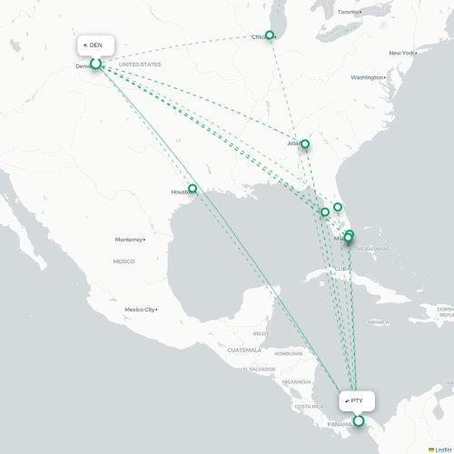 Mapa de vuelo directo Denver - Ciudad de Panamá