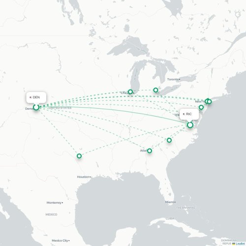 Mapa de vuelo directo Denver - Richmond
