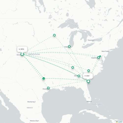 Mapa lotu bezpośredniego Denver – Savannah