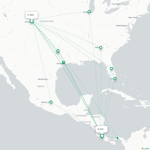 Mapa de vuelo directo Denver - San José