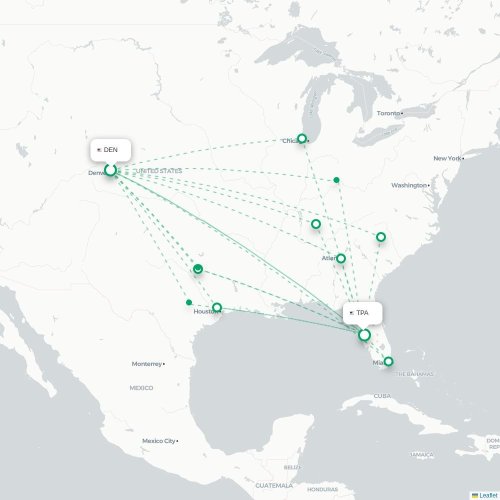 Mapa de vuelo directo Denver - Tampa