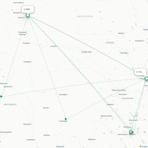 Denver - Tulsa kort over direkte fly