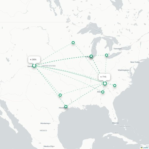 Mapa de vuelo directo Denver - Knoxville