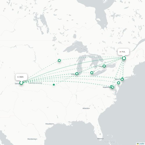 Mapa lotu bezpośredniego Denver – Montreal