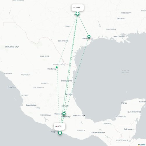 Mapa lotu bezpośredniego Dallas – Acapulco