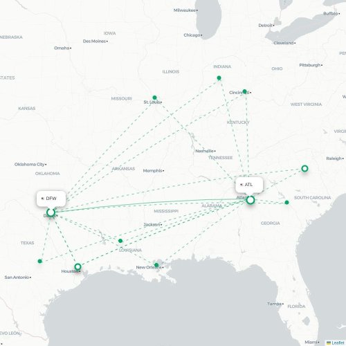 Mapa de vuelo directo Dallas - Atlanta