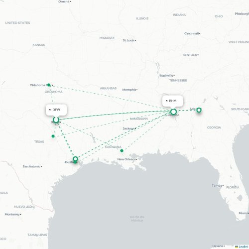 Mapa de vuelo directo Dallas - Birmingham