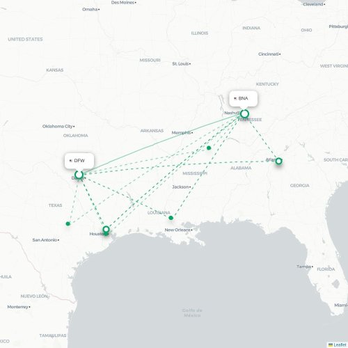 Mapa lotu bezpośredniego Dallas – Nashville